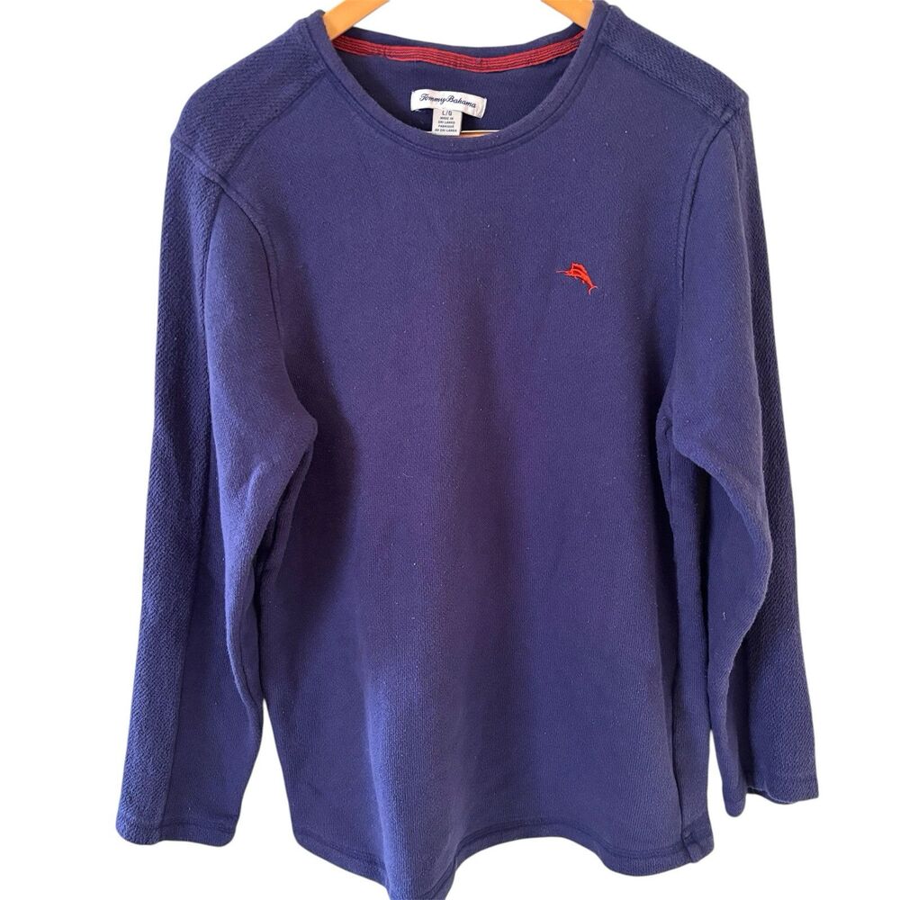 Tommy Bahama Mens Indigo Knit Crew Sweatshirt Pullover L‎ Blue Designer Preppy